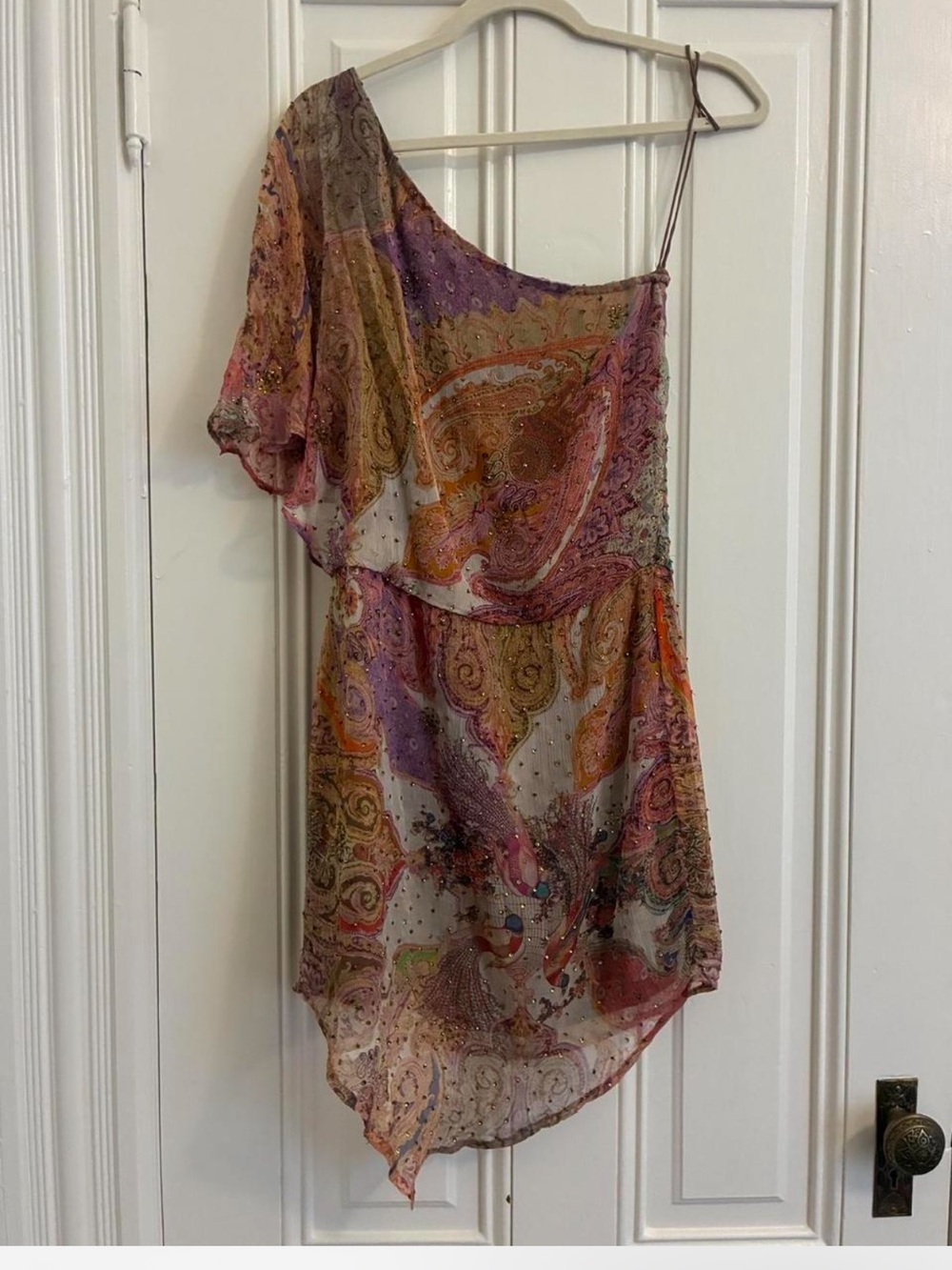 Haute Hippie One-Shoulder Paisley Dress in Pink, Purple and Gold